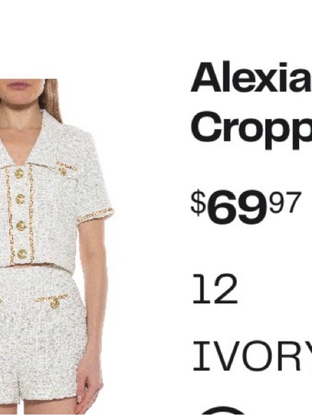 Alexia Admor Ivory Cropped Tweed Button-Down Top & Shorts Set